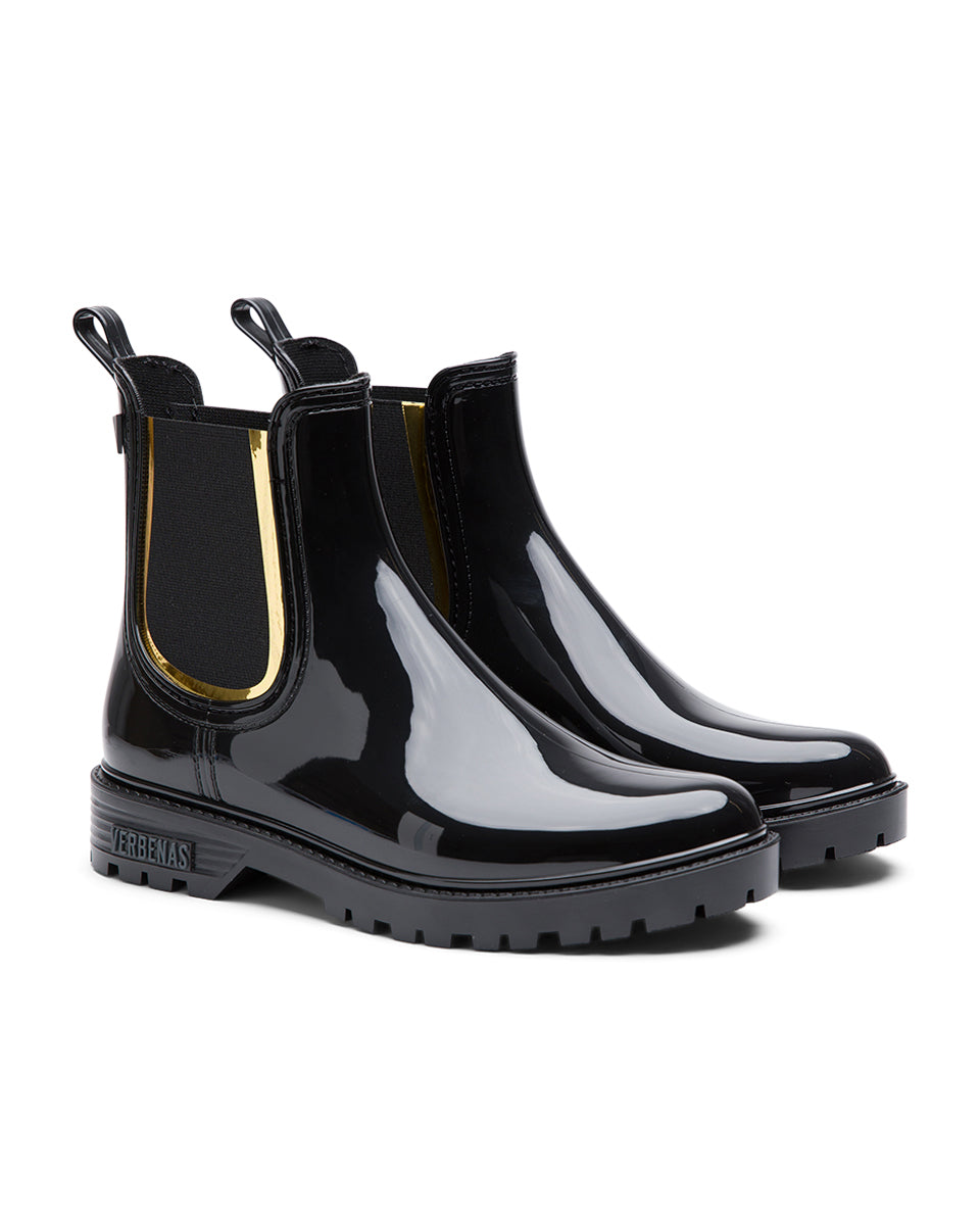 VERBENAS Stivali Da Pioggia Gaudi Mate Glitter, Nero-Oro, Altezza Gambale 14 Cm, Tomaia Sintetica E Suola In Gomma, Made In Spain