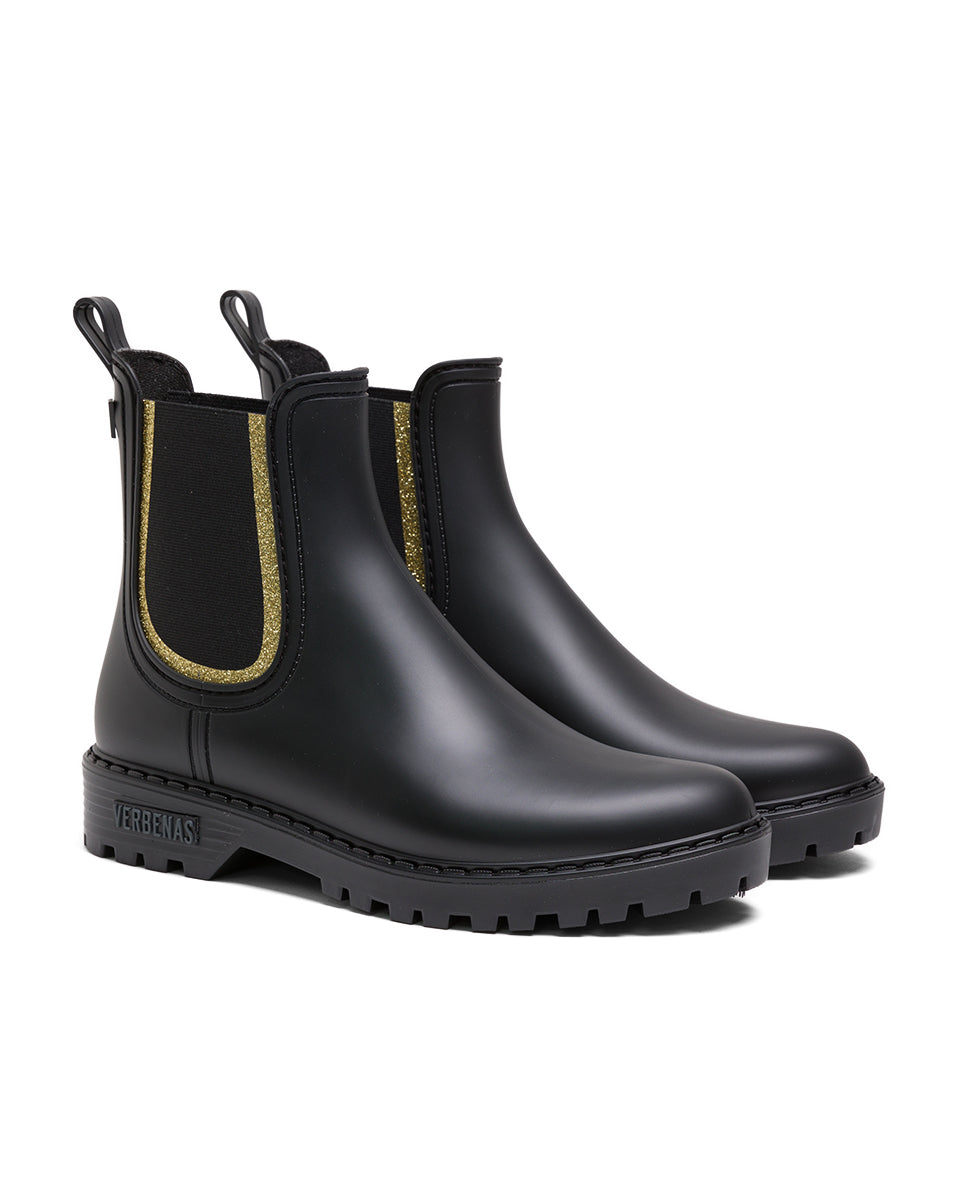 VERBENAS Stivali Da Pioggia Gaudi Mate Glitter, Nero-Oro, Altezza Gambale 14 Cm, Tomaia Sintetica E Suola In Gomma, Made In Spain